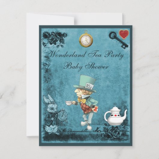 Invitation Baby shower du Tea Party de Mad Hatter Wonderland (Devant)