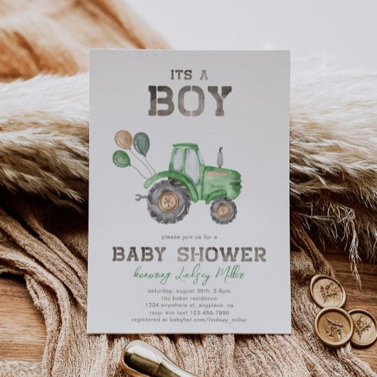 Invitation Baby shower du tracteur | Tracteur vert