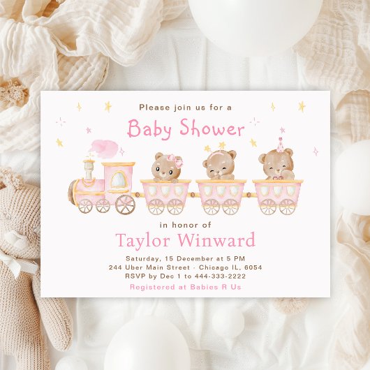 Invitation Baby shower du train Bear Pink