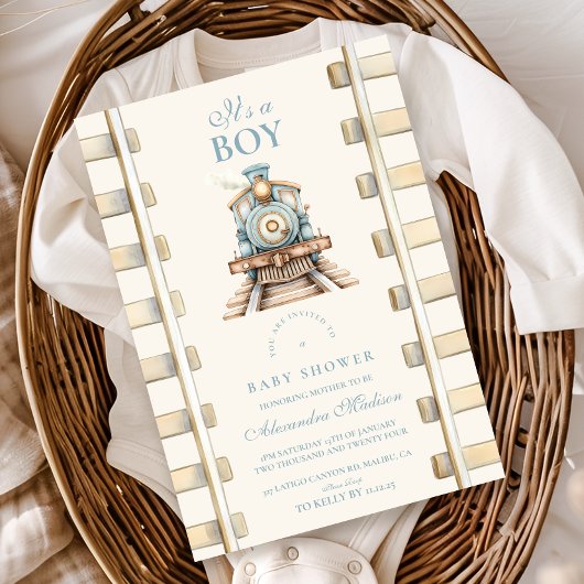 Invitation Baby shower du train Blue Watercolor