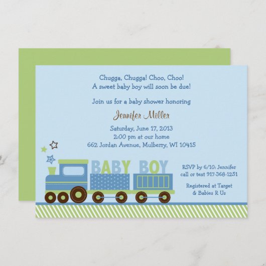 Invitation Baby shower du train de plaisance (Devant / Derrière)