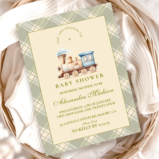 Invitation Baby shower du train Watercolor vert