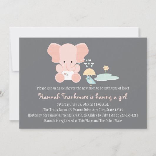 Invitation Baby shower d'un petit éléphant rose (Devant)