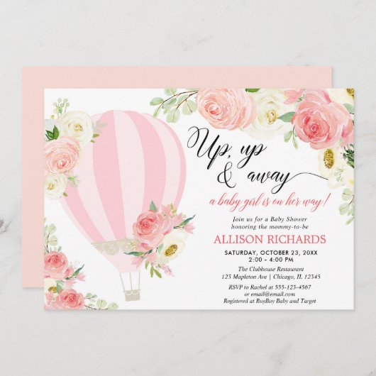 Invitation baby shower d'une montgolfière à crème noire (Devant / Derrière)