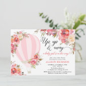 Invitation baby shower d'une montgolfière florale rose vif (Debout devant)