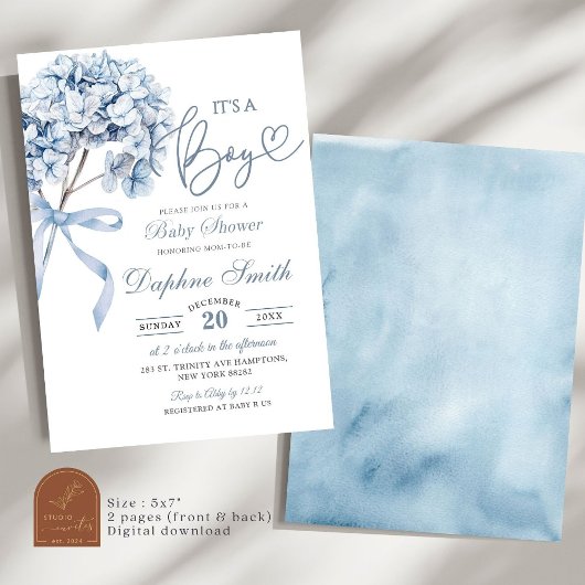 Invitation Baby shower Dusty Blue Hydrangea