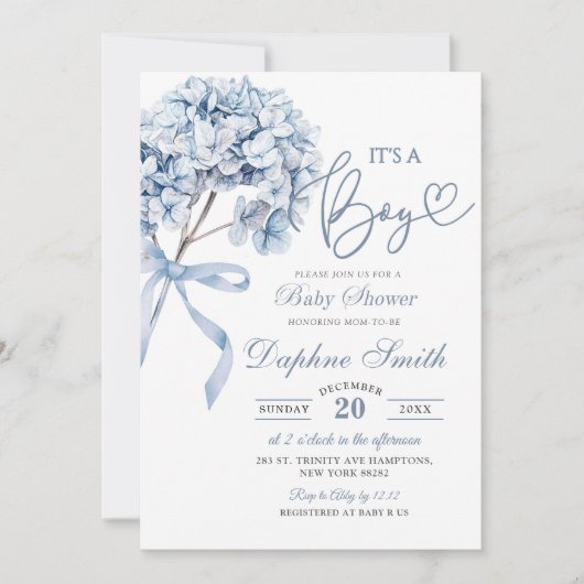 Invitation Baby shower Dusty Blue Hydrangea (Devant)