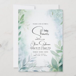 Invitation Baby shower - Dusty Blue Leafy QR