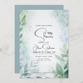 Invitation Baby shower - Dusty Blue Leafy QR (Devant / Derrière)