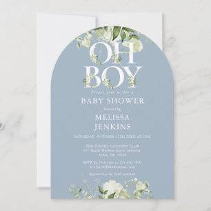 Invitation Baby-Shower Dusty Blue Oh Boy Botanique