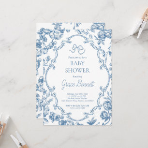 Invitation Baby shower Dusty Blue Toile de Jouy