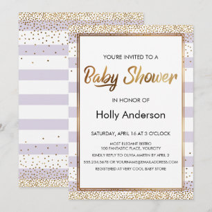 Invitation Baby Shower écriture Gold Confetti Rayures Lavande