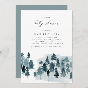 Invitation Baby shower EGRET Rustique Blue Winter Pine Tree
