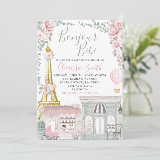 Invitation Baby shower Eiffel français rose et vert Eiffel (Debout devant)