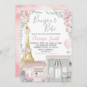 Invitation Baby shower Eiffel français rose et vert Eiffel (Devant / Derrière)