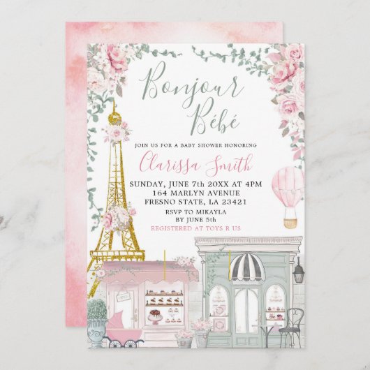 Invitation Baby shower Eiffel français rose et vert Eiffel (Devant / Derrière)