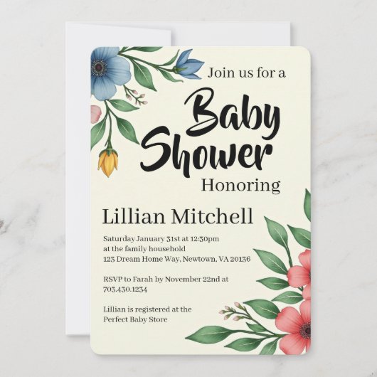 Invitation Baby Shower Élégance Florale (Devant)
