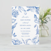 Invitation Baby shower élégant à fleurs de bleu blanc (Debout devant)