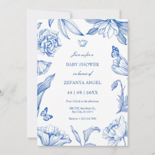 Invitation Baby shower élégant à fleurs de bleu blanc