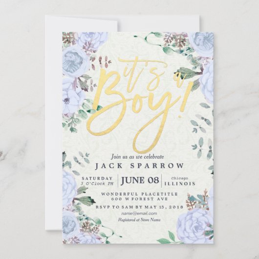 Invitation Baby shower Elegant Aquarelle Floral Gold Script (Devant)