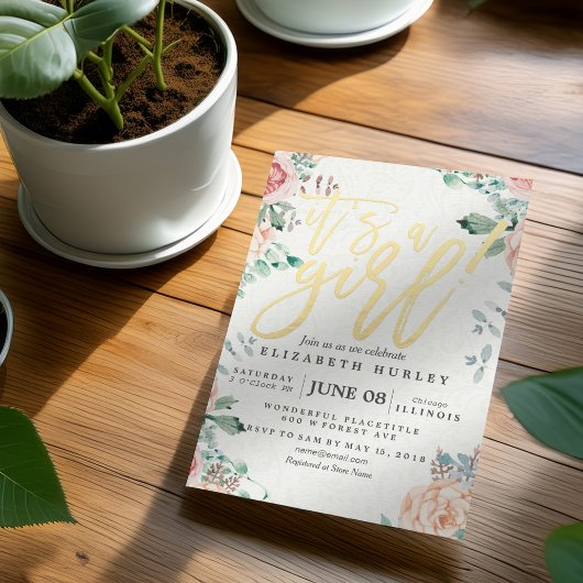 Invitation Baby shower Elegant Aquarelle Floral Gold Script