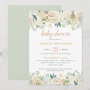 Invitation Baby Shower Élégant aux Fleurs Crème et Vert Sauge