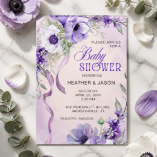 Invitation Baby-Shower Élégant aux Fleurs Violettes