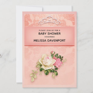Invitation Baby-Shower élégant avec fleurs roses et diadème e