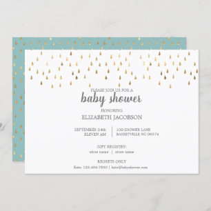 Invitation Baby shower Elégant Baby Blue & Gold Raindrops