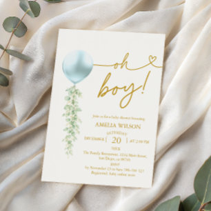 Invitation Baby-Shower Élégant Ballon Bleu et Verdure
