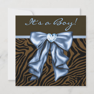 Invitation Baby Shower Élégant Bébé Garçon Zèbre Bleu