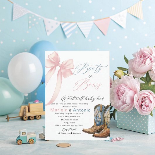 Invitation Baby shower Elegant Boots ou Bows Aquarelle