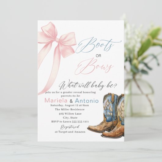 Invitation Baby shower Elegant Boots ou Bows Aquarelle (Debout devant)