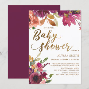 Invitation Baby Shower élégant Burgundy or Floral Script