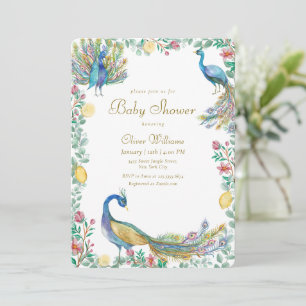 Invitation Baby Shower Élégant Citron Floral Douce Paon
