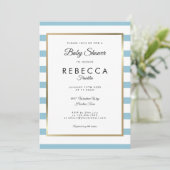 Invitation Baby-Shower Élégant Classique Bébé Bleu Rayé (Debout devant)