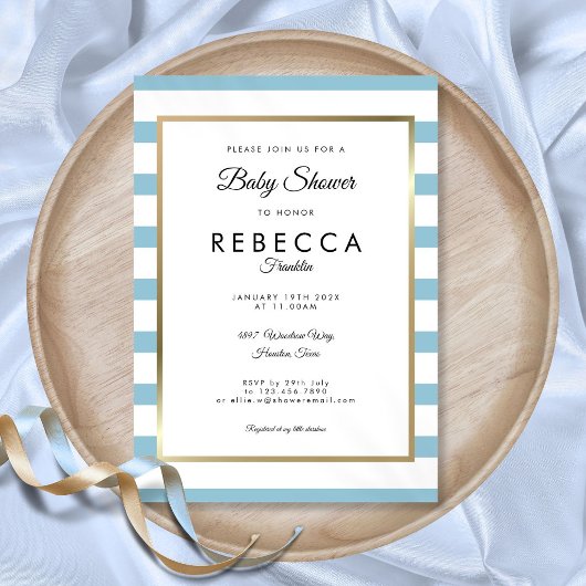 Invitation Baby-Shower Élégant Classique Bébé Bleu Rayé