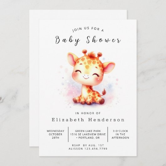 Invitation Baby shower élégant de girafe à imprimer (Devant / Derrière)