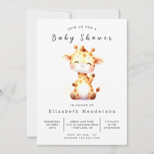 Invitation Baby shower élégant de girafe à imprimer (Devant)