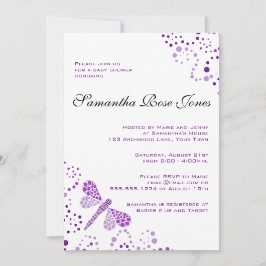 Invitation Baby shower élégant de la libellule violette et bl (Devant)