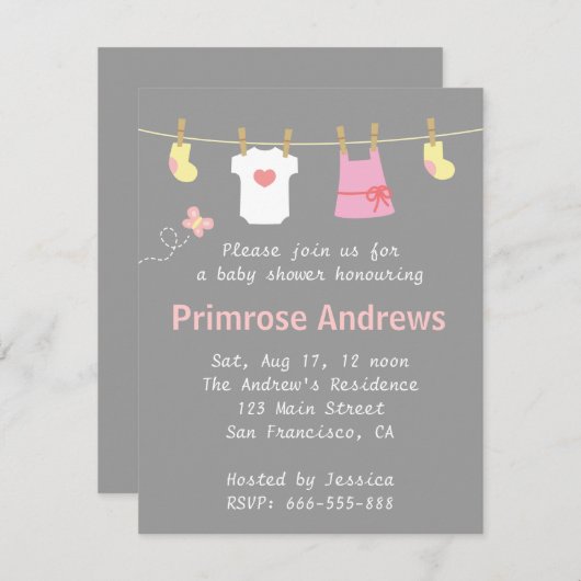 Invitation Baby shower élégant et mignon de fille, arrière - (Devant / Derrière)