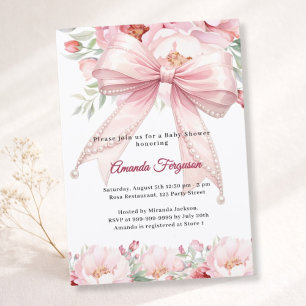 Invitation Baby Shower élégant fille fleurs perles noeud rose