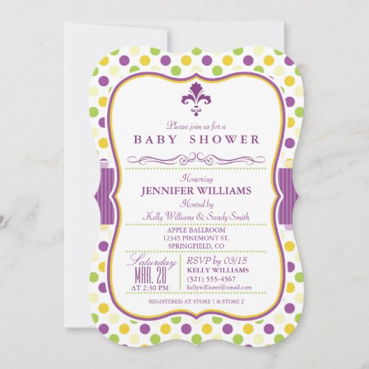 Invitation Baby shower élégant; Fleur de lis viole (Devant)