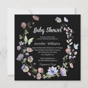 Invitation baby shower élégant fleur sauvage violet noir fill