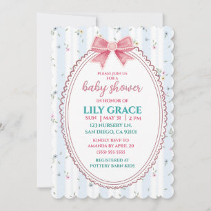 Invitation Baby-Shower Élégant Fleurs Rose Ruban Shabby Chic