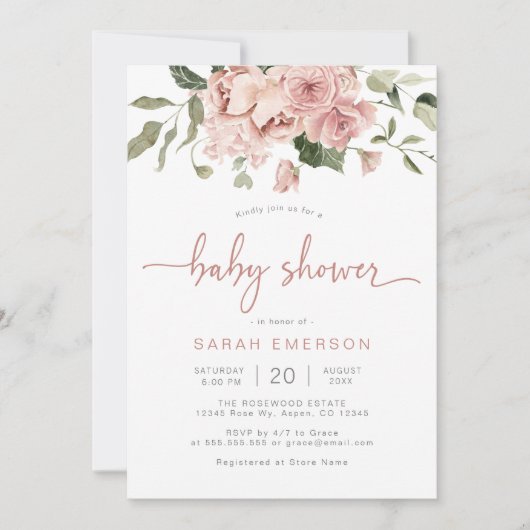 Invitation Baby Shower Élégant Fleurs Roses (Devant)
