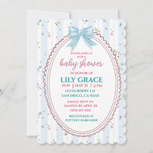 Invitation Baby-Shower Élégant Floral avec Ruban Bleu Shabby 