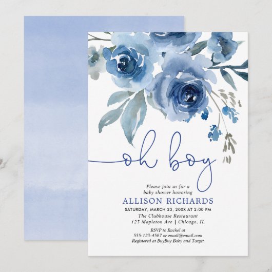 Invitation Baby shower élégant floral de garçon de bleu (Devant / Derrière)