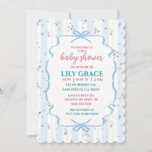 Invitation Baby-Shower Élégant Floral Ruban Bleu Shabby Chic