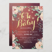Invitation Baby shower Élégant Floral String Lumières Bourgog (Devant / Derrière)